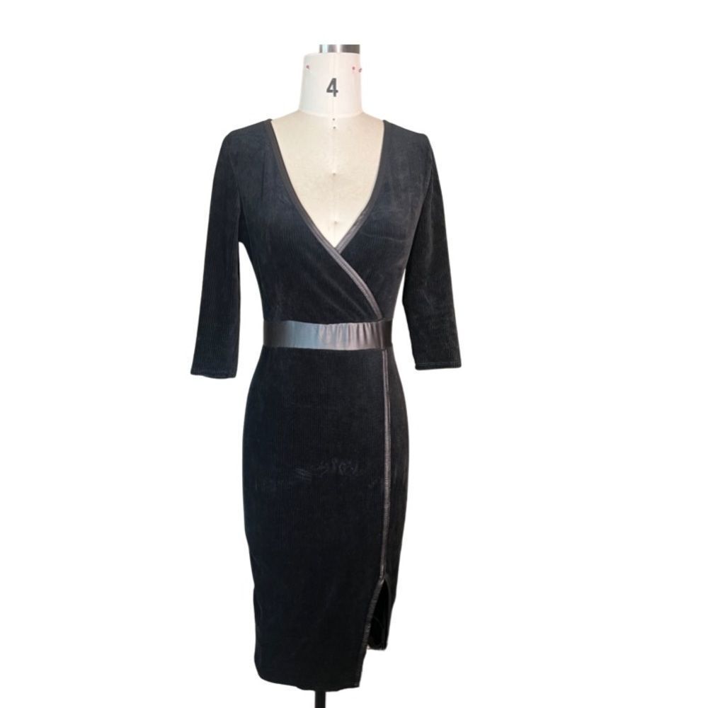 B2 very sexy, black midi dress with deep cuts, V-neck in size large